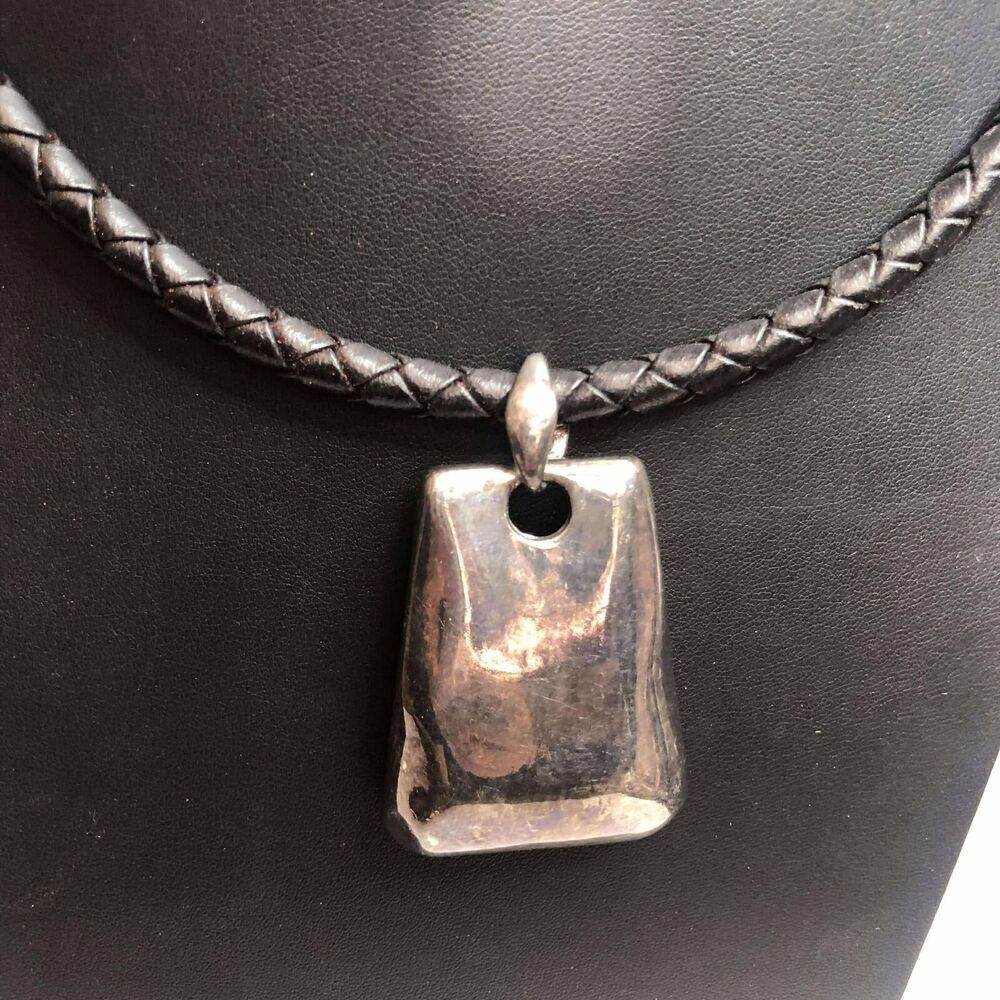 1992 CHICO'S Silver tone Bold statement pendant leather cord necklace